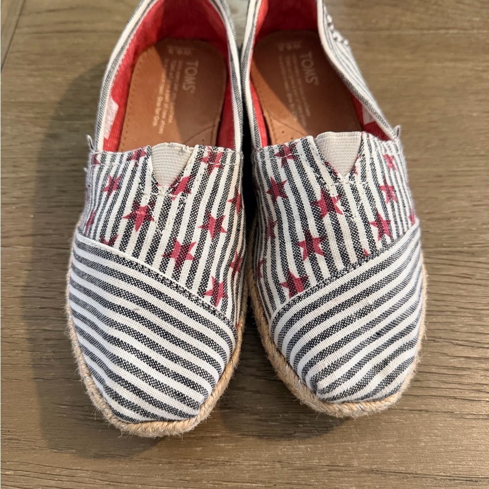 TOMS Red and Black Striped Espadrille Flats